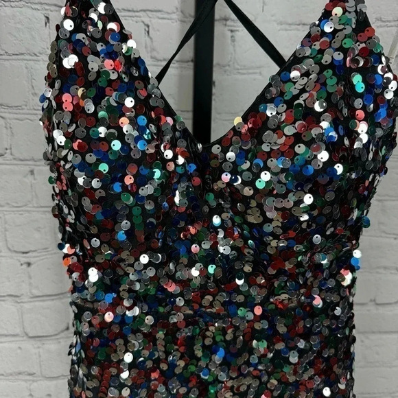 Lulu’s Dance Until Dawn Black Multi Sequin Lace-Up Mini Skater Dress Size XS - Picture 2 of 8